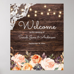 Póster Bienvenida Floral de Madera, Luces, Rubor y Peach