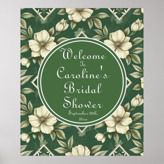 Póster Bienvenida Floral Marfil Verde Esmeralda Nupcial (Frente)