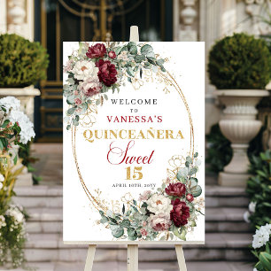 Póster Bienvenida floral Marsala eucalipto dorado Quincea