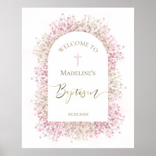 Póster Bienvenida floral rosa blanca para el bautizo