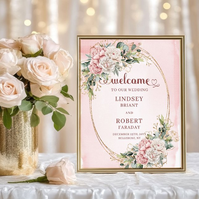 Póster Bienvenida Floral Rosa Eucalipto Atemporal Bodas (Timeless Blush Pink Floral Eucalyptus Welcome Wedding)