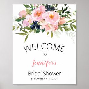 Póster Bienvenida floral rosa y azul