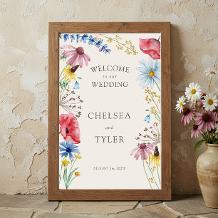 Póster Bienvenida Floral Rústica de Boda con Flores Silve
