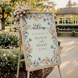 Póster Bienvenida Floral Rústica de Boda con Flores Silve