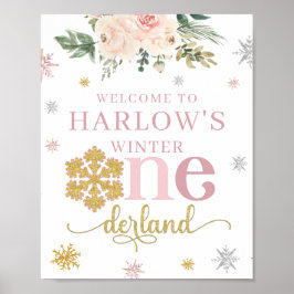 Póster Bienvenida Floral Snowflake Onederland Rótulo de c