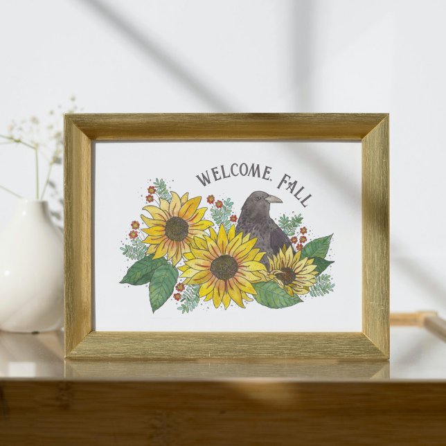 Póster Bienvenida Flores de Otoño y Caídos Descargables (Welcome Fall Crow and Sunflowers Tabletop Print)