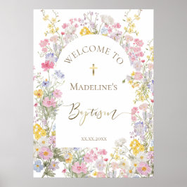 Póster Bienvenida flores de prado acuarela bautismo