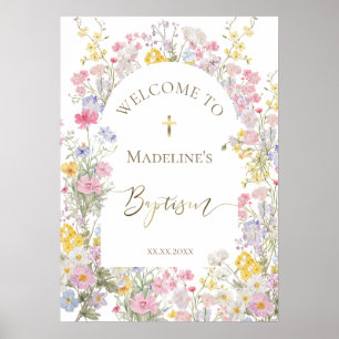 Póster Bienvenida flores de prado acuarela bautismo