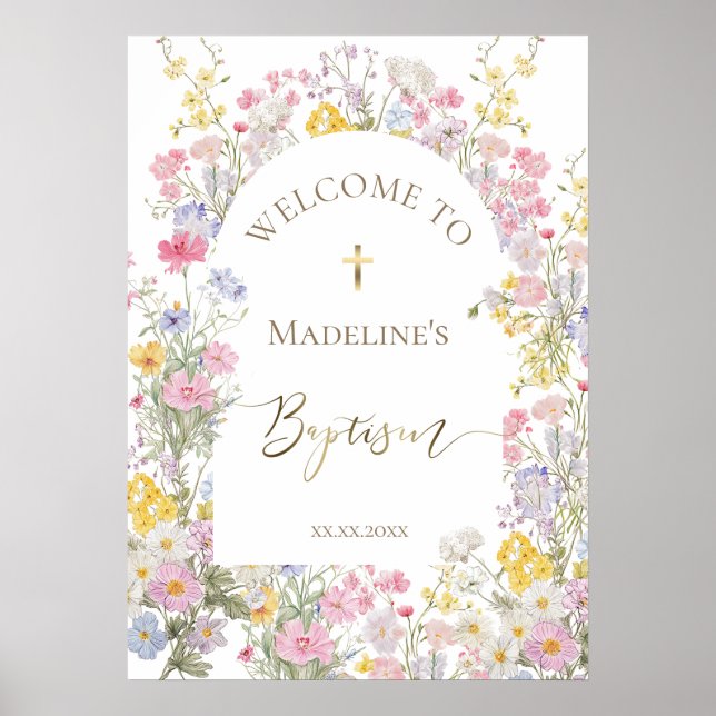 Póster Bienvenida flores de prado acuarela bautismo (Frente)