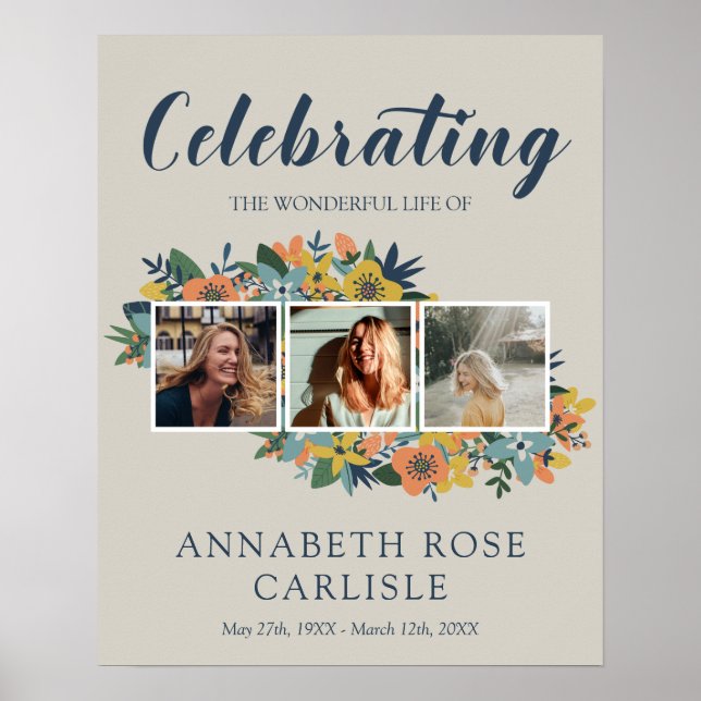 Póster Bienvenida Funeral Collage de Fotos Florales Amari (Frente)