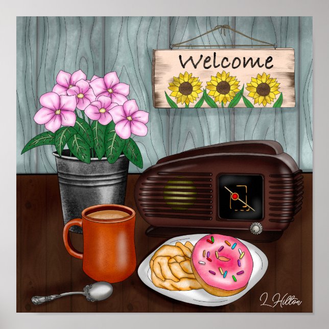 Póster Bienvenida, girasoles, donuts y café (Frente)