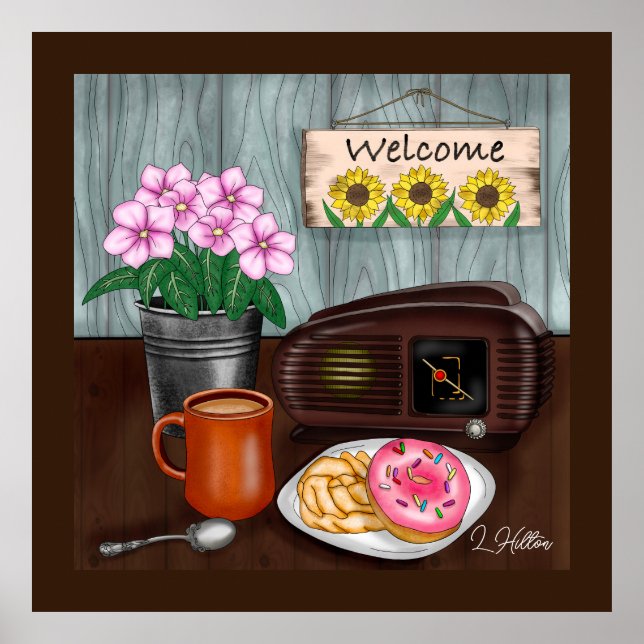 Póster Bienvenida, girasoles, donuts y café (Frente)