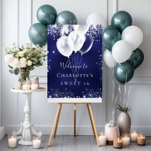 Póster Bienvenida globos azules y blancos Sweet 16