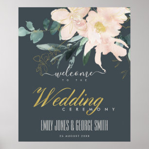 PÓSTER BIENVENIDA GRAY RUBOR GOLD FLORAL WATERCOLOR BODA