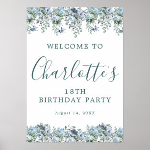 Póster Bienvenida Imprimible Floral Azul en 18 años