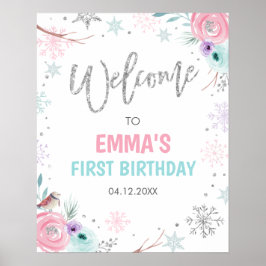 Póster Bienvenida Invierno Onederland Chica Cumpleaños Fl