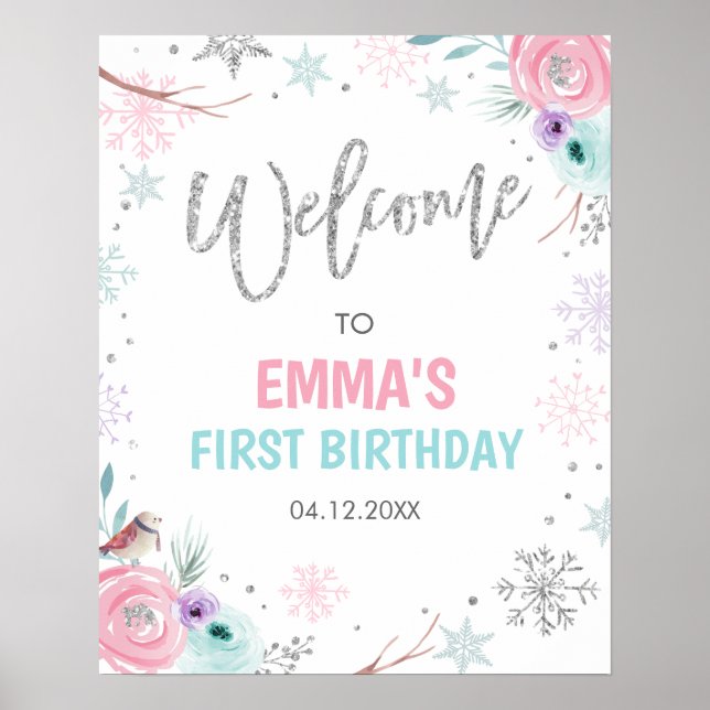 Póster Bienvenida Invierno Onederland Chica Cumpleaños Fl (Frente)