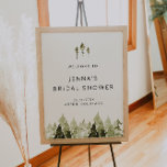Póster Bienvenida JENNA Rustic Pine Tree Bridal Shower<br><div class="desc">Este cartel de bienvenida a la ducha de novia incluye pinos de color acuático rústico y una letra manuscrita bohemia. Este cartel de bienvenida tiene una redacción totalmente editable y es perfecto para su evento temático sobre la montaña o el bosque.</div>