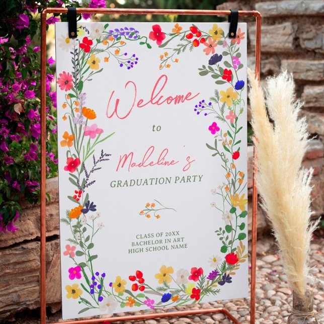 Póster Bienvenida la graduación moderna de flores silvest (Modern chic boho wild flowers graduation welcome poster)