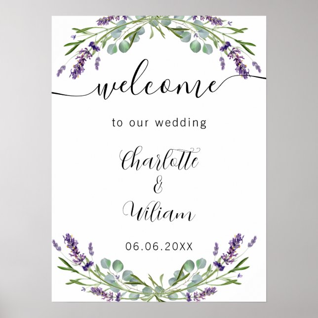 Póster Bienvenida lavanda eucalipto verde de boda (Frente)