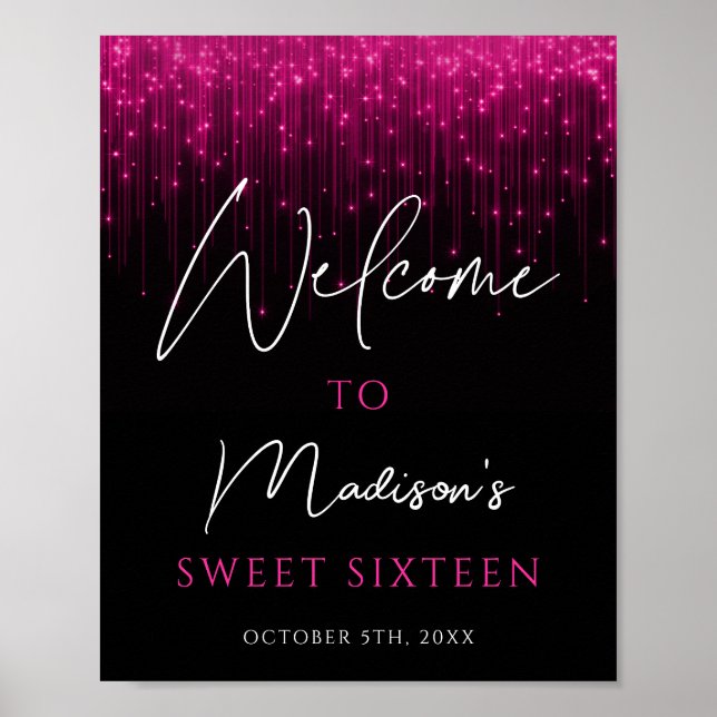 Póster Bienvenida Magenta Pink Lights Black Sweet 16 (Frente)