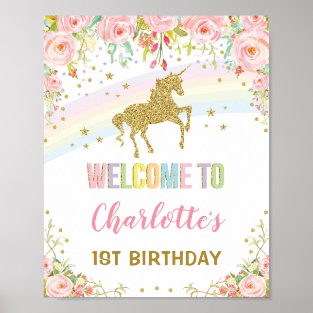 Póster Bienvenida mágica floral arcoiris unicornio de oro (Frente)
