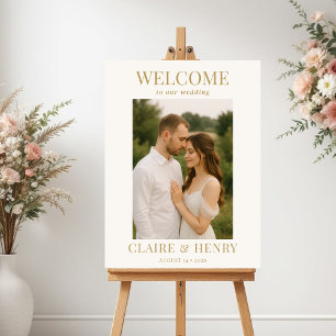 Póster Bienvenida Mínima de Boda con Foto de Marfil Dorad