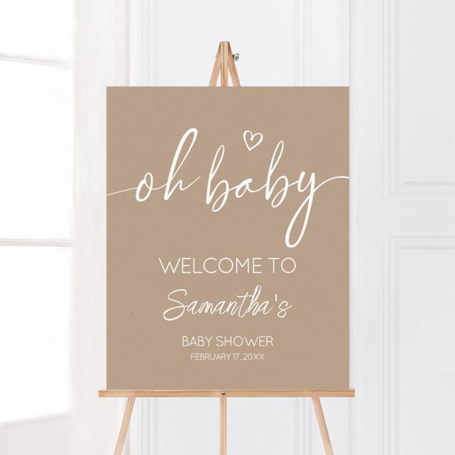 Póster Bienvenida Minimalista de Baby Brown (Brown Minimalist Heart Baby Shower Welcome Sign)