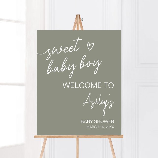 Póster Bienvenida Minimalista del Boho Verde Sage (Sweet Baby Boy Boho Baby Shower Welcome Sign)