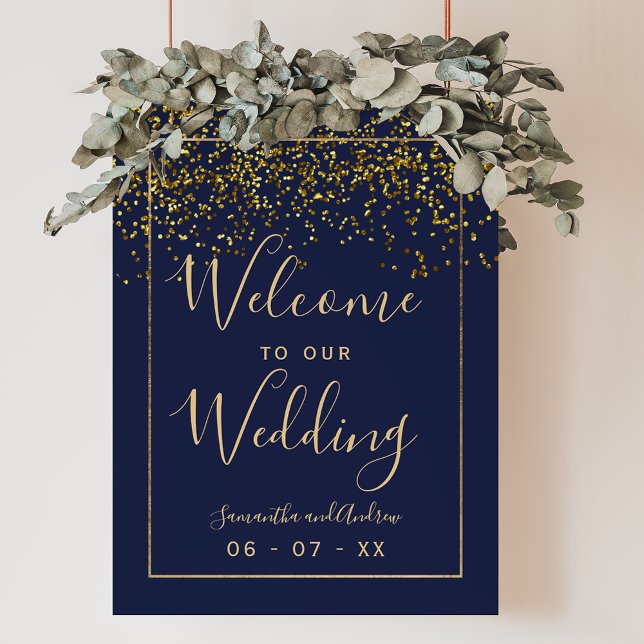 Póster bienvenida moda gold confetti azul marino boda (Chic gold confetti navy blue wedding welcome poster)