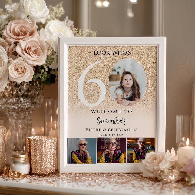 Póster Bienvenida moderna con brillo dorado para cumpleañ (Modern gold glitter 60th Birthday 4 Photo Welcome Poster)
