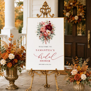 Póster Bienvenida moderna de marsala floral otoño para du