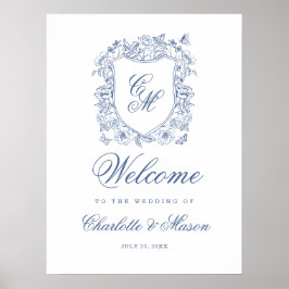 Póster Bienvenida Monograma de Boda con Cresta Floral Vin