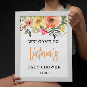 Póster Bienvenida Naranja Floral Acuarela Baby Shower 