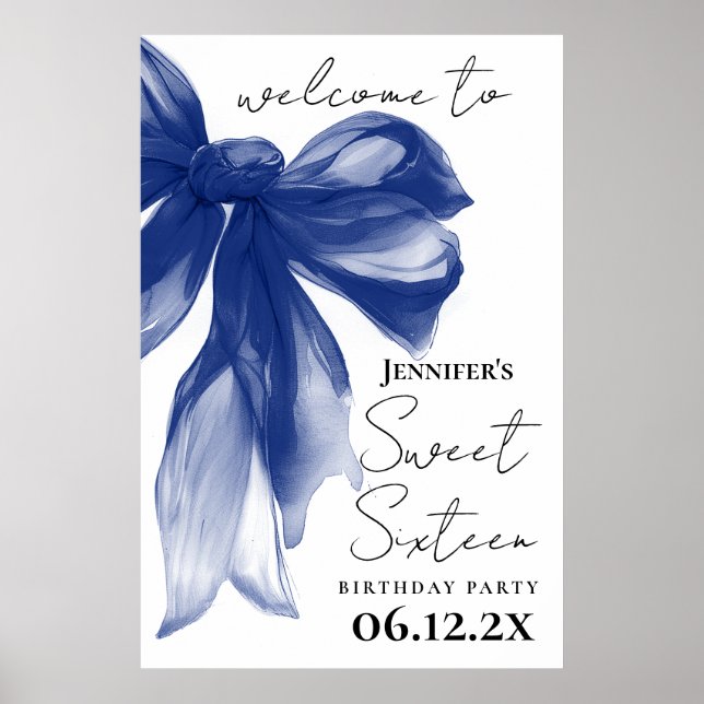 Póster Bienvenida Navy Bow Coquette Script Sweet 16  (Frente)
