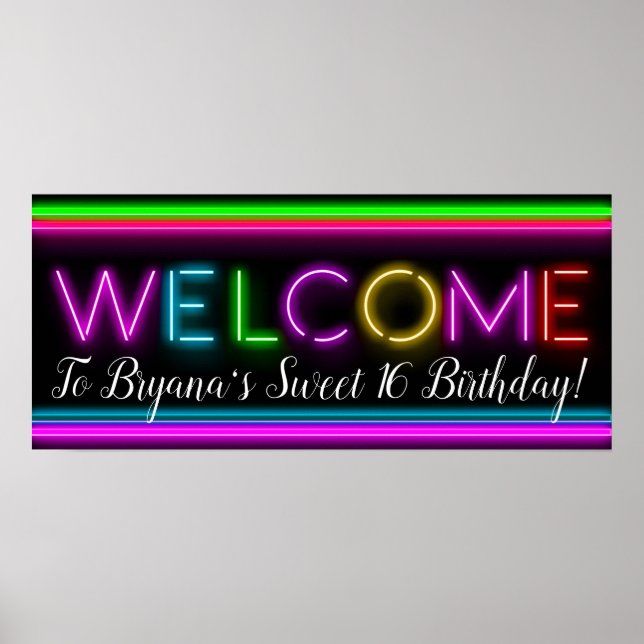 Póster Bienvenida Neon Glow Cumpleaños Glowing Banner de  (Frente)