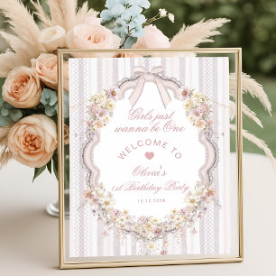 Póster Bienvenida niña de flores silvestres con lazo vint
