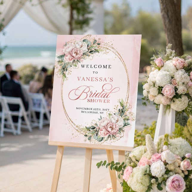 Póster Bienvenida Nupcial Boho Blush Flores Verde Dorado (Boho Blush Pink Flowers Greenery Gold Bridal Welcome)