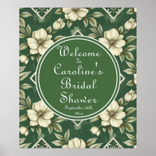 Póster Bienvenida Nupcial Esmeralda Verde Floral Marfil
