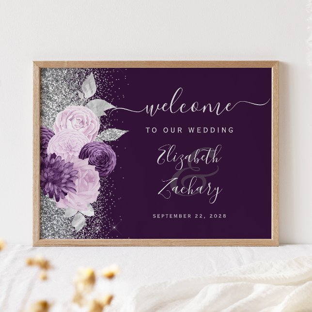 Póster Bienvenida Nupcial Floral Morado Oscuro Plateado (Subido por el creador)