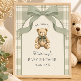 Póster Bienvenida Oso de Peluche Verde Gingham Salvia