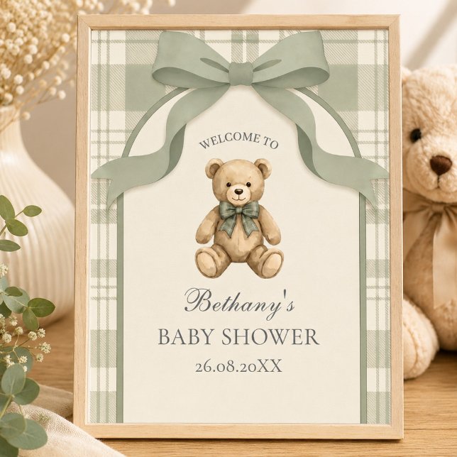 Póster Bienvenida Oso de Peluche Verde Gingham Salvia  (Sage Green Gingham Teddy Bear Welcome Sign)