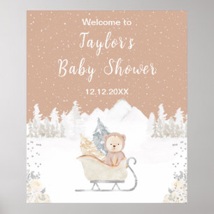 Póster Bienvenida Oso Marrón Trineo de Invierno para Baby