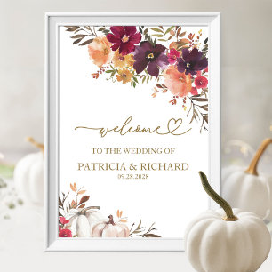 Póster Bienvenida otoñal floral de calabaza Borgoña para 