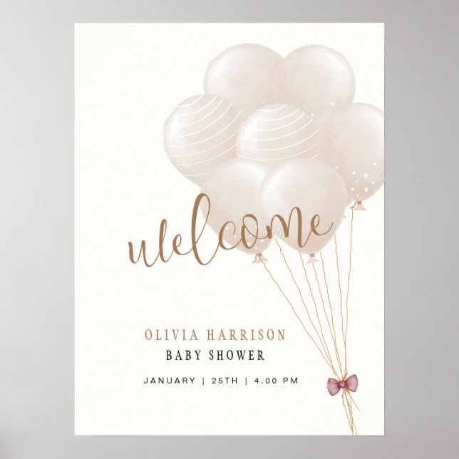 Póster Bienvenida para Baby Shower con globos boho neutro (Frente)