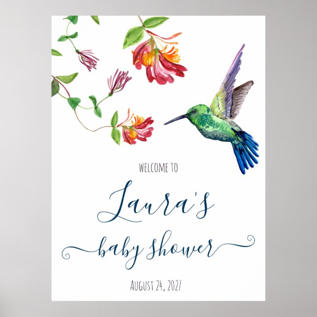 Póster Bienvenida para Baby Shower de Colibrí en Acuarela (Frente)