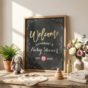 Póster Bienvenida para Baby Shower Pizarra Floral Negra B