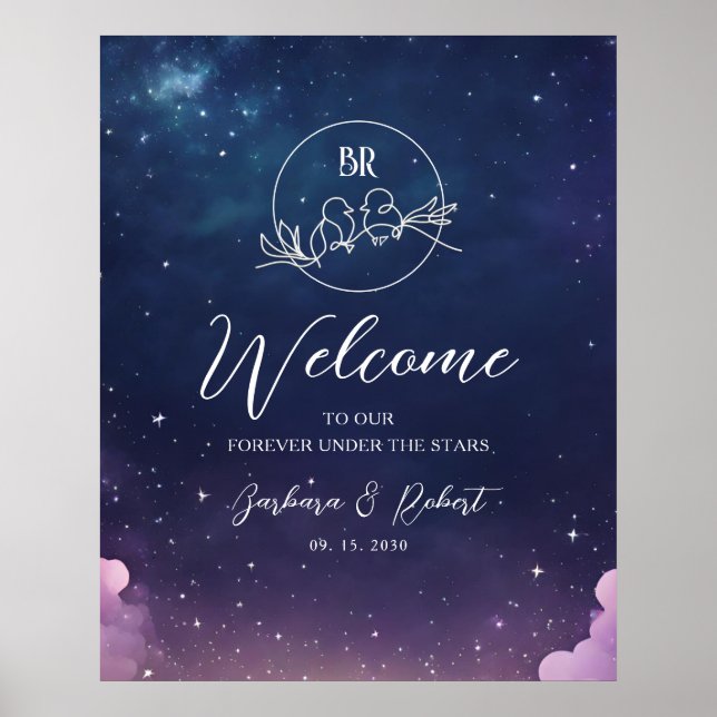 Póster Bienvenida para Boda de Noche Estrellada Celestial (Frente)