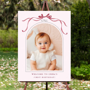Póster Bienvenida para foto de cumpleaños con lazo rosa r