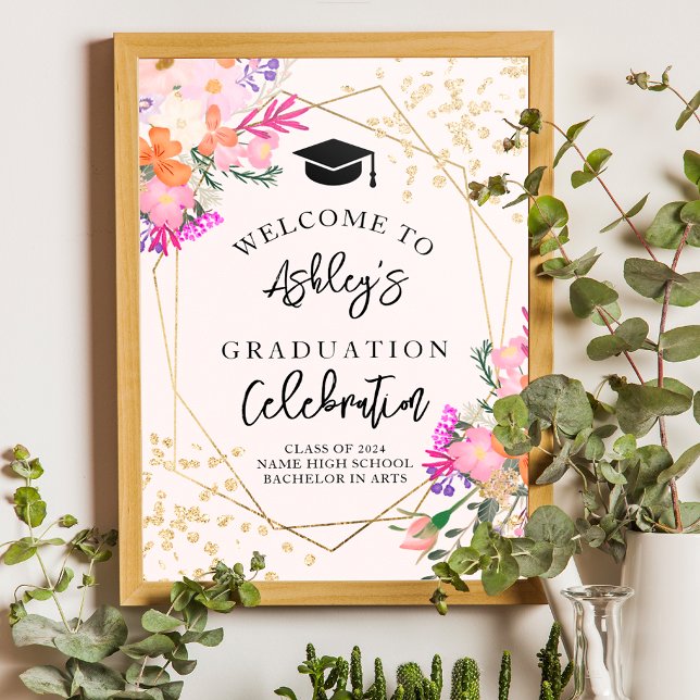 Póster Bienvenida para graduación de acuarela floral purp (Gold glitter floral watercolor graduation welcome poster)